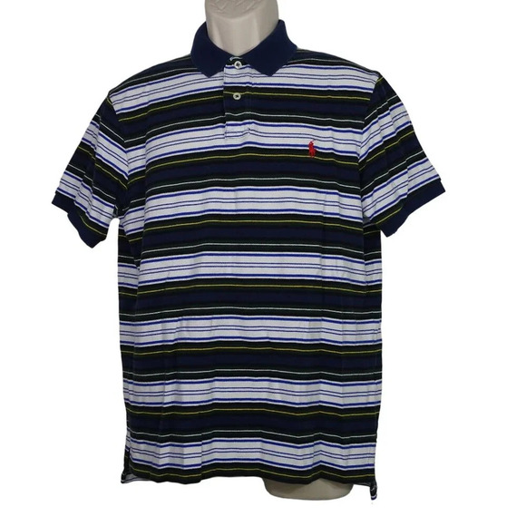 Polo by Ralph Lauren Men Size L Custom Fit Striped Polo Shirt Blue Green Logo - Picture 1 of 8